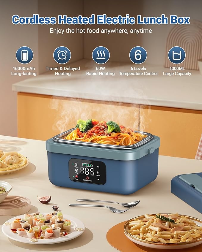 VASG Heated Lunch Box for Adults, 16000mAh Cordless Rechargeable Electric Lunch Box with 1L Stainless Steel Container, Portable Self-Heating Food Warmer for Work, Construction, Office & Travel