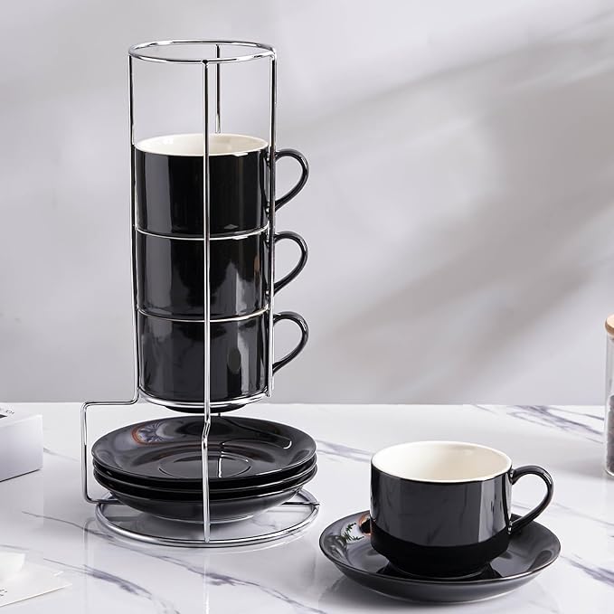 8oz Porcelain Cappuccino Cups with Saucers and Metal Stand, Stackable Coffee Cups for Specialty Coffee Drinks, Cappuccino, Latte, Espresso, Americano and Tea - Cups Set of 4, Black