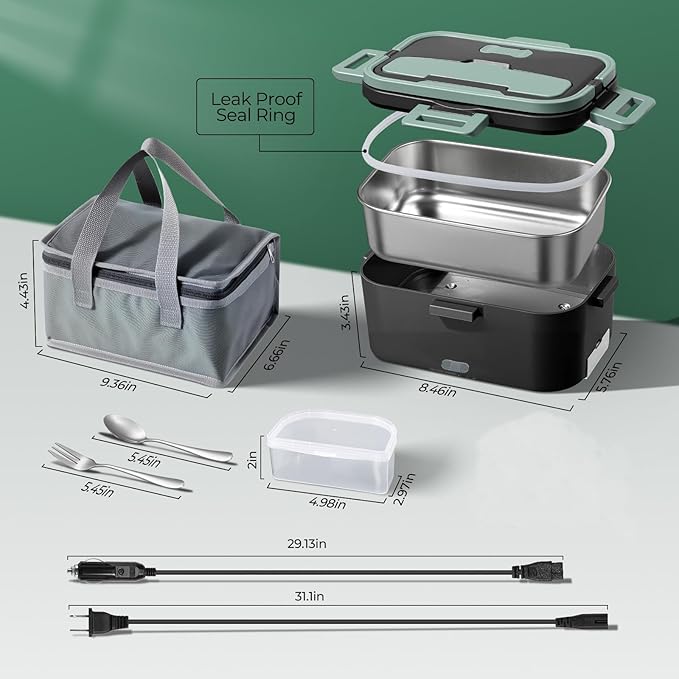 Vidaskeci Electric Lunch Box for Adultss 100W 1.8L Portable Heated Lunch Box for 12V/24V/110V home/Car/Office/Truck,1,8L Removable 304Stainless Steel Container (Black + Green)