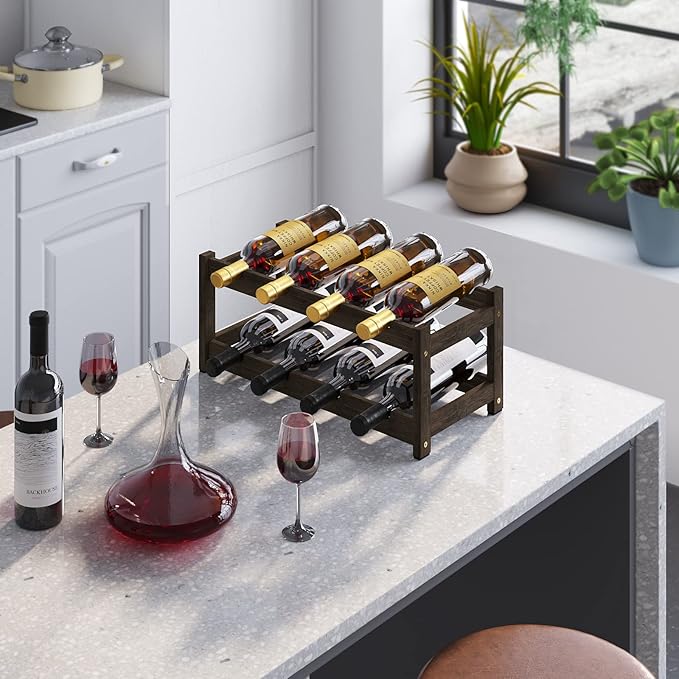 BAMEOS Wine Rack Freestanding 2 Tier 8 Bottle Bamboo Wine Racks Countertop Cabinet Wine Holder Wine Storage Shelf for, Bar, Pantry Wine Cellar Basement Countertop Mocha (16.85 L x 9.25W x 7H