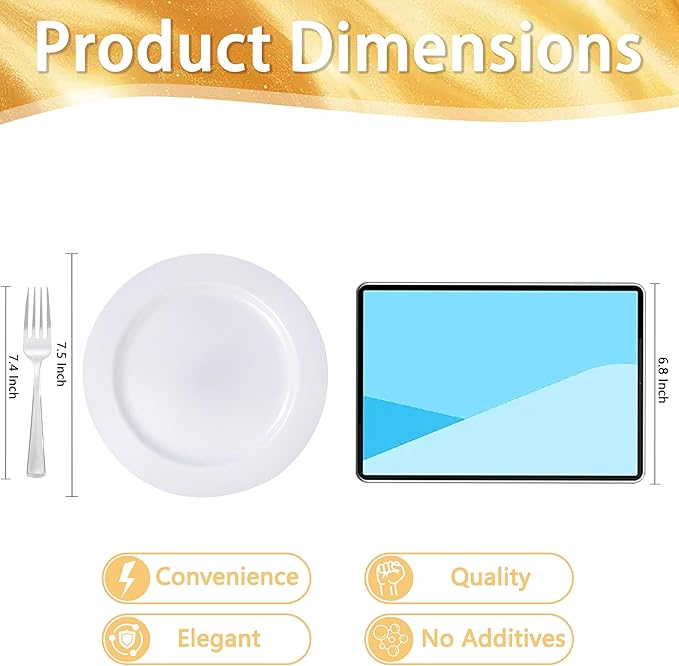WELLIFE 100 Pieces White Plastic Dessert Plates with 100pcs Silver Disposable Forks, Premium Hard Salad Plate 7.5?? Appetizer Plastic Plates for Wedding, Party