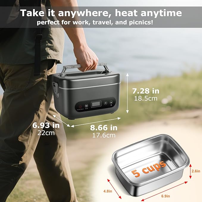 THZDMI 1.2L Cordless Electric Lunch Box ??20000mAh Rechargeable Portable Food Warmer with 5-Sided Heating, Auto Temperature Control, Leakproof & BPA-Free ??Perfect for Office, Truck, Outdoors Black
