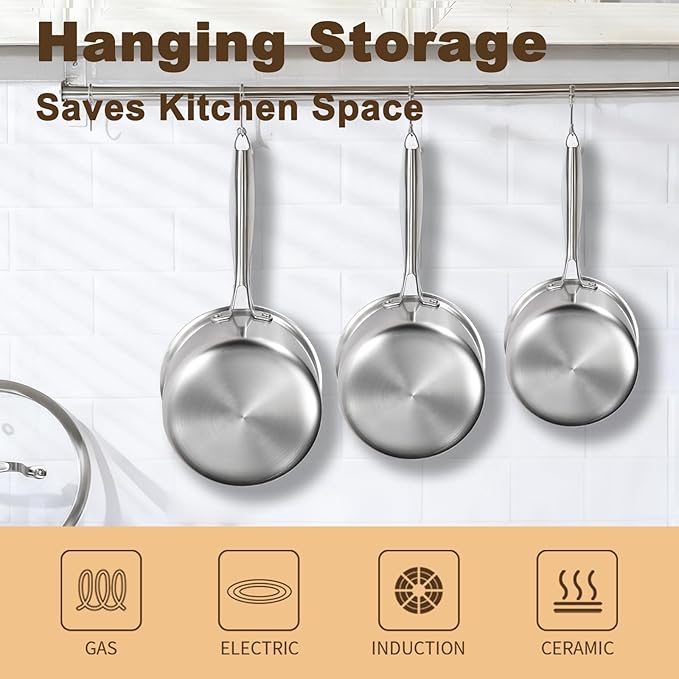 癤풫OUTIUS 1QT+2QT+3.5QT With Steamer Handle Triple Stainless Steel Saucepan with Lid, Ramen Pot with Clear Glass Cover, Small Sauce Pan for Cooking Oatmeal, Dishwasher-Safe, Suitable for All Stoves