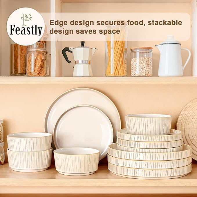 Ceramic Dinnerware Sets for 4, 12 Pcs Ribbed Reactive Glaze Plates and Bowls Sets, Chip Scratch Resistant, Microwave Dishwasher Safe Dish Set, Christmas Housewarming Gifts, Cappuccino White