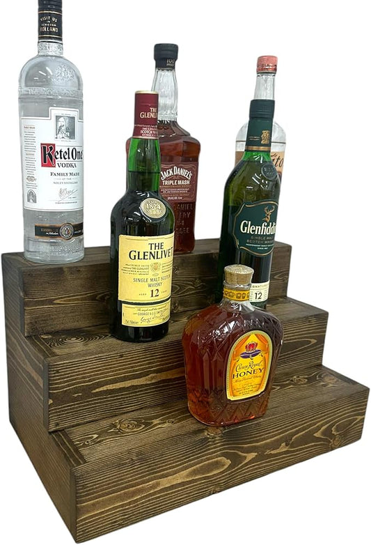 Handmade Tiered Display Shelving - Three Tier Bar Display - Bar Organizer - Liquor Bottle Display (18" without Back, Dark Walnut)