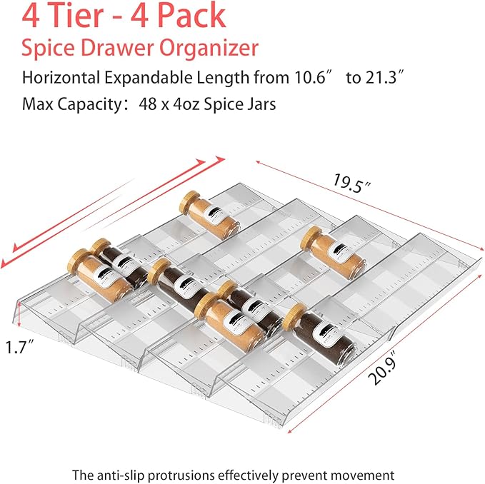 4-Tier Non-Slip Spice Drawer Organizer, 4-Pack Checkered Frosted Clear Acrylic, Expandable (11''-22'') Spice Rack for Kitchen Drawer Storage ??Holds Seasonings, Herbs, and Spices (Jars Not Included)
