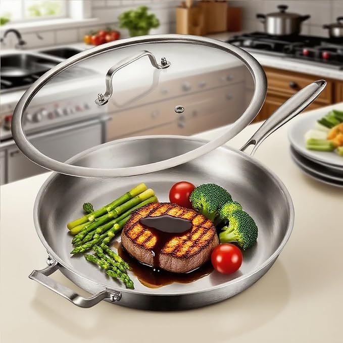 DELARLO Stainless Steel Pan, 14.2 Inch Frying Pan, Tri-Ply Skillet with Lid, Oven Safe Up to 600?? Stainless Steel Cookware, Fast Even Heat, Large Cooking Surface,Non Toxic Large Skillet