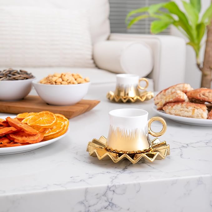 Turkish Coffee Cup Set of 6 with Saucers & Tray - Luxury Arabic Greek Japanese Marble Ceramic Tea Cups for Espresso Cappuccino Latte Mocha, Ideal Gift - 6.7oz,- White