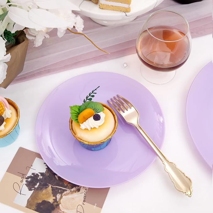 KIRE 60PCS Purple Plastic Plates Disposable - Heavy Duty Purple Plates Include 30Pcs 10.25??Dinner and 30Pcs 7.5??for Dessert/Salad - for Wedding/Bridal Shower