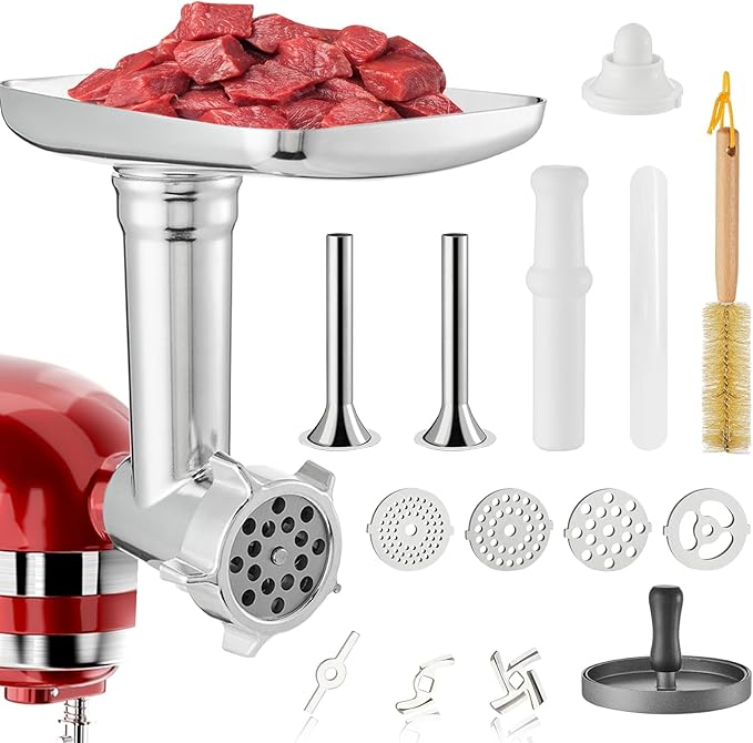 KAMJUNTAR Meat Grinder Attachment for Kitchenaid Stand Mixer, Kitchen Aide Grinder Attachment Kitchenaid Food Grinder Attachment, Sausage Stuffer, Burger Press, Not Dishwasher Safe, Total 16 Pcs