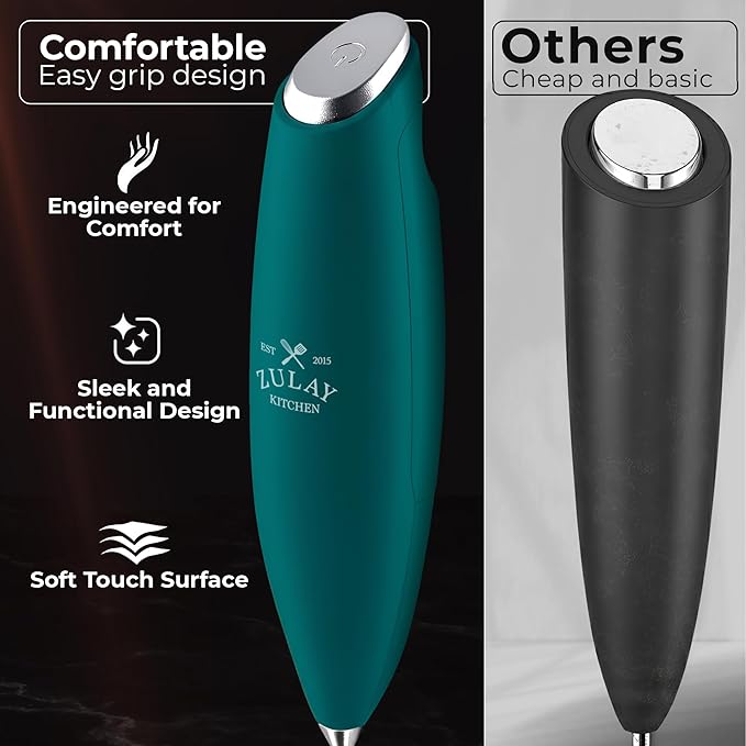Zulay Kitchen Patented Tornado Triple Whisk Milk Frother with 4 Duracell Batteries ??Handheld Foam Maker for Coffee, Lattes, Matcha & Hot Chocolate ??Rich, Creamy Froth in Seconds