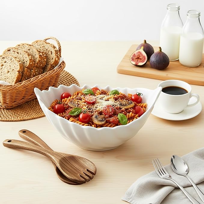 Hacaroa 50 Oz Ceramic Salad Bowl, 11 Inch Medium Serving Bowl White Soup Bowls with Wooden Utensils, Decorative Leaf Shape Mixing Bowl for Pasta, Stew, Fruit, Snacks, Microwave Dishwasher Safe