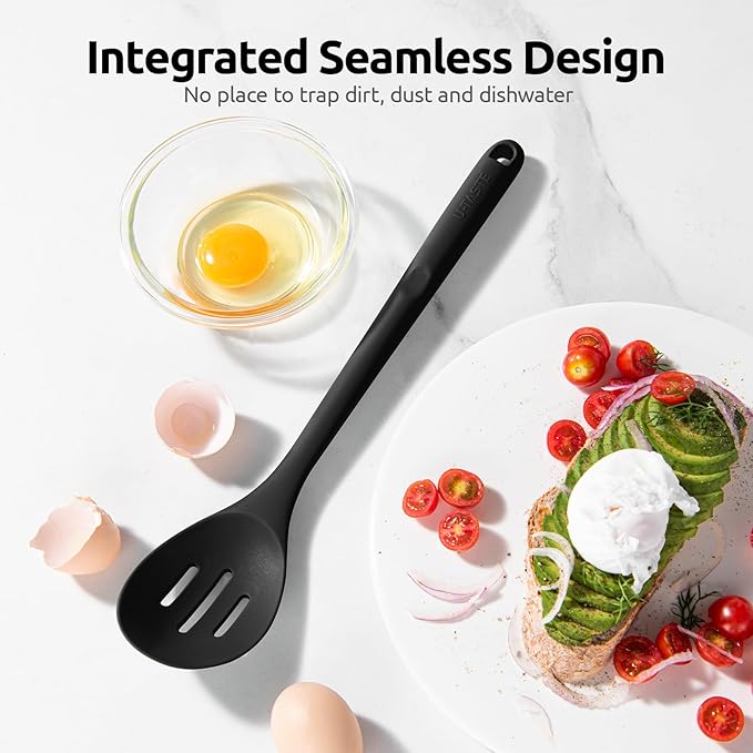 600쨘F Heat Resistant Slotted Spoon: U-Taste 13.3in Solid Kitchen Cooking Spoon, Nonstick Food Grade Large & Long Rubber Utensil for Mixing, Serving, Stirring, Basting, Frying, Draining (Black)