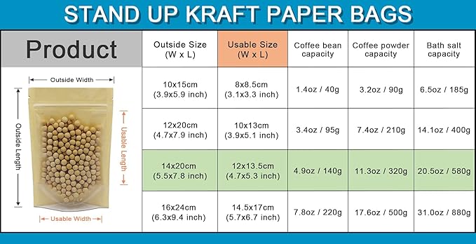 FERENLI 50 Pcs 5.5x7.8 inch Clear Front Brown Kraft Paper for Zip Plastic Package Lock Bag Doypack Stand Up Pouch Zipper Lock Reclosable Pouch Nuts Coffee Food Storage Packaging Pack