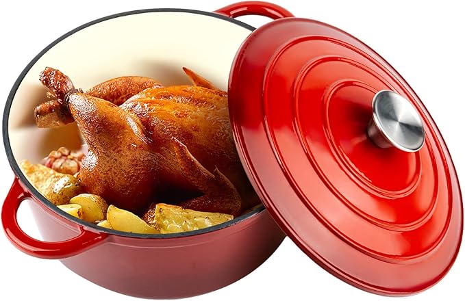 Miereirl 4.5 Quart Enameled Dutch Oven Pot with Lid, Cast Iron Dutch Oven with Dual Handles for Bread Baking, Cooking, Non-stick Enamel Coated Cookware (Red)