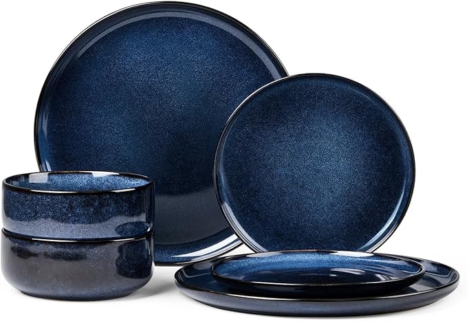 Herogo 6 Pieces Stoneware Dinnerware Sets Service for 2, Dinner Plates and Bowls Sets, Double Reactive Glaze Dishes Set for Kitchen, Scratch Resistant, Microwave & Dishwasher Safe, Starry Blue
