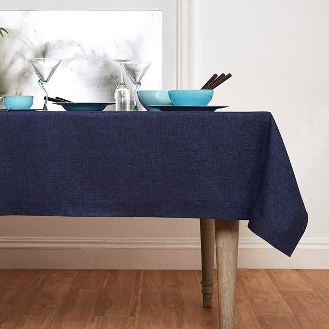 Solino Home Linen Tablecloth 60 x 120 Inch - 100% Pure Linen Chambray Navy Table Cloth for Rectangular Tables - Athena, Machine Washable Cloth Tablecloth for Winter, Spring