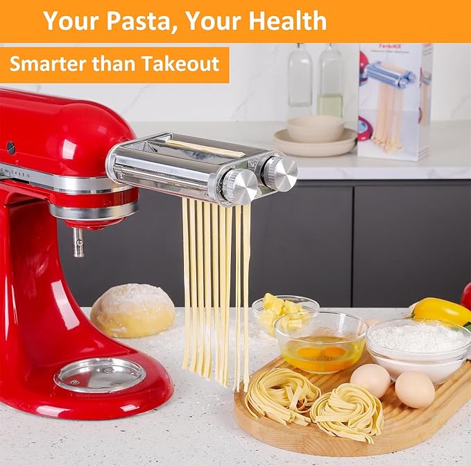 Pasta Maker Attachment for KitchenAid Stand Mixers,Sturdy 3 in 1 Set Included Pasta Sheet Roller, Spaghetti and Fettuccine Cutter Accessories-Unique Design
