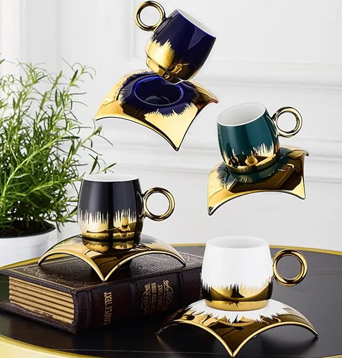 Turkish Coffee Cup Set of 6 with Saucers & Tray - Luxury Arabic Greek Japanese Marble Ceramic Tea Cups for Espresso Cappuccino Latte Mocha, Ideal Gift - 6.7oz,- Assorted Colors