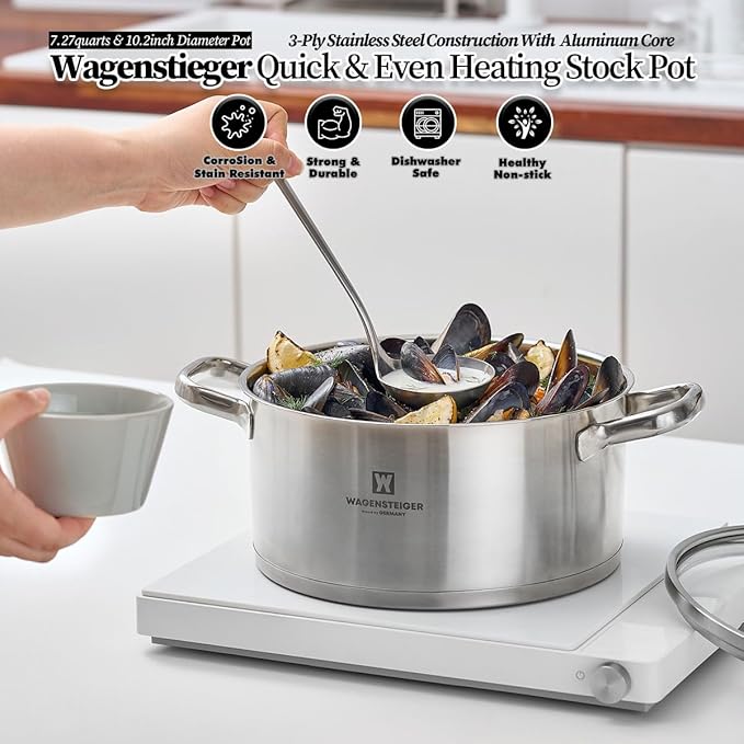 7.27-Quart Dutch Oven, Stainless Steel 3-Layer Construction with Aluminum Core, Tempered Glass Lid, Spacious Stock Pot for Boiling, Stewing, Canning ??For All Stovetops (9.84" Diameter)