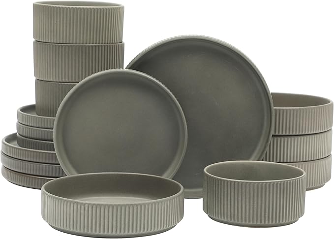 Gibson Elite Deerfield 16-Piece Stoneware Dinnerware Set ??Soft Grey Reactive Glaze, Stackable Plates and Bowls, Service for 4 ??Microwave & Dishwasher Safe