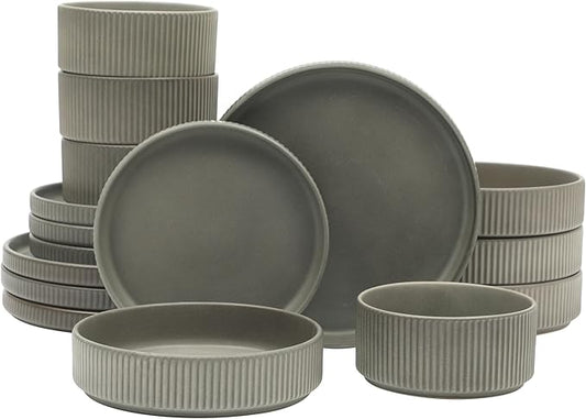 Gibson Elite Deerfield 16-Piece Stoneware Dinnerware Set ??Soft Grey Reactive Glaze, Stackable Plates and Bowls, Service for 4 ??Microwave & Dishwasher Safe