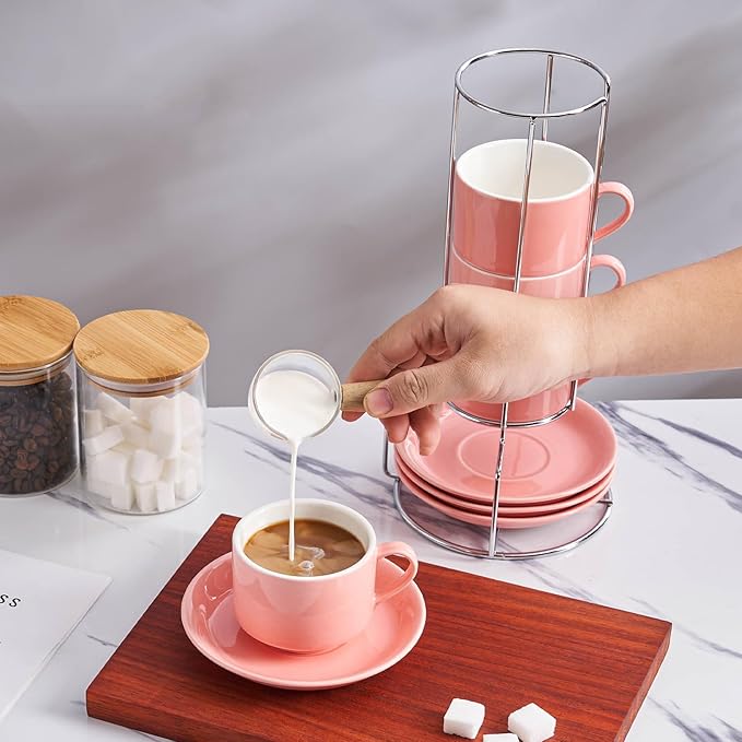 8oz Porcelain Cappuccino Cups with Saucers and Metal Stand, Stackable Coffee Cups for Specialty Coffee Drinks, Cappuccino, Latte, Espresso, Americano and Tea - Cups Set of 4, Pink