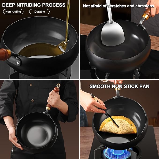 Carbon Steel Wok Pan, 11??Woks & Stir-Fry Pans with wooden Lid Cookwares, Nonstick Wok Flat Bottom Small Handmade Chinese Wok For for All Stoves