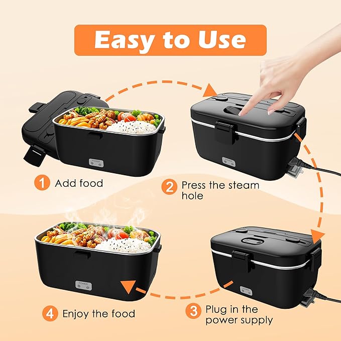 COZYEXPERT Electric-Lunch-Box-Heated-Food-Warmer 100W Heating Lunchbox for Adults 1.8L Portable Food Heater for Work/Car, 12V/24V/110-230V Lonchera El챕ctrica Port찼til with Fork Spoon (Black)