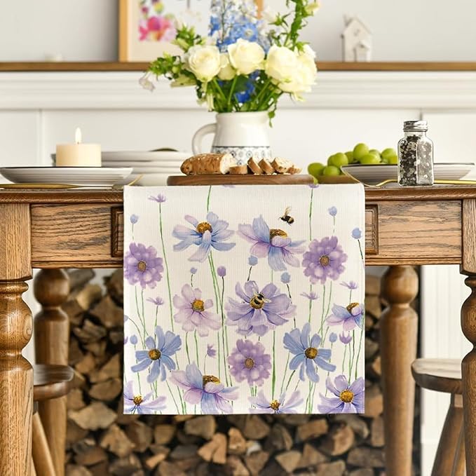 ZCHOMI Spring Purple Floral Table Runner 13x72 Inch Watercolor Flowers Seasonal Kitchen Dinning Table Decoration for Indoor Outdoor Home Party D챕cor
