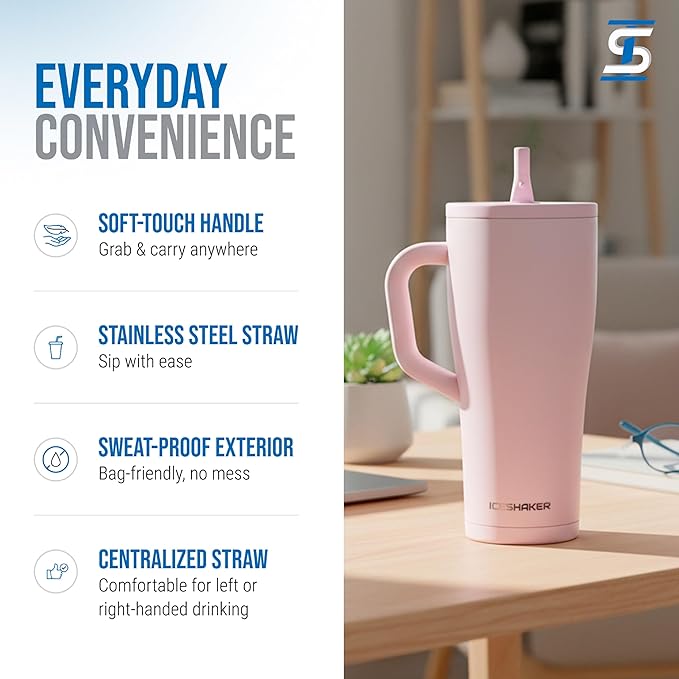 Ice Shaker 32 oz Tumbler with Handle and Straw | 32oz Oakley | Cold for 30+ Hours | 2-in-1 Tumbler Shaker Bottle | Odor-Free 32 ounce Bottle for Water, Protein Shakes, Smoothies, Cocktails