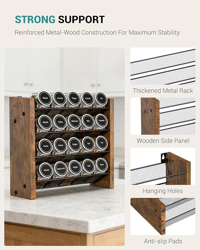 NESAPTO Spice Rack Organizer for Cabinet, Wooden 4 Tier Vertical Seasoning Organizers for Kitchen Pantry, Countertop/Wall Mount, Holds 20 Spice Jars (No Jars Included),10.3" W 횞 9.4" H