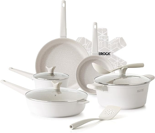 THE ROCK SOHO 15Pcs Ceramic Cookware Set ??Non toxic Pots and Pans Set Non Stick with ROCK.TEC ??Nothing Sticks, Never Warps, Lasts Longer, PTFE PFOA & PFAS Free, Induction & Dishwasher Safe, Cream