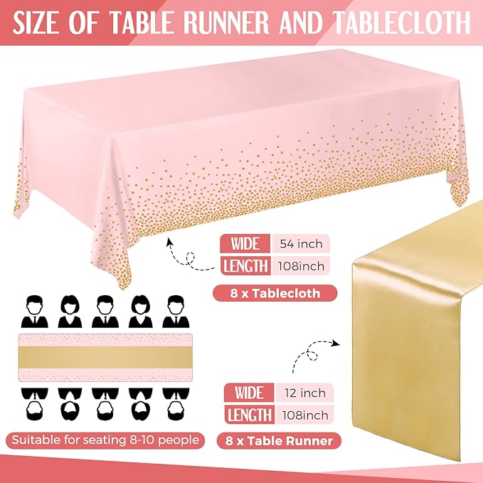 Tudomro 16 Pieces Pink and Gold Disposable Plastic Tablecloths and Satin Table Runner Set 54x108 Inch Tablecloth 12x108 Inch Table Runners for New Year Wedding Birthday Baby Shower Graduation