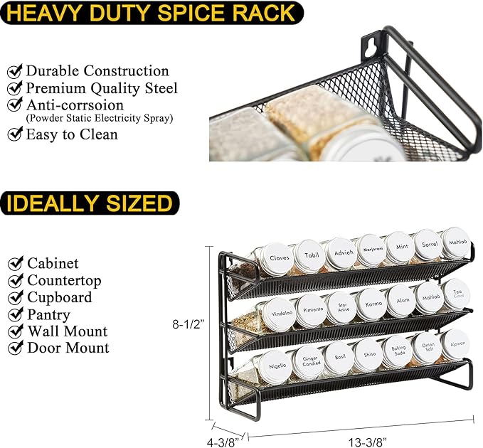 SpaceAid Spice Rack Organizer with 21 Spice Jars, 386 Spice Labels, Chalk Marker and Funnel Set for Cabinet, Countertop, Pantry, Cupboard or Door & Wall Mount - 21 Jars, 13.4" W 횞 9" H, White