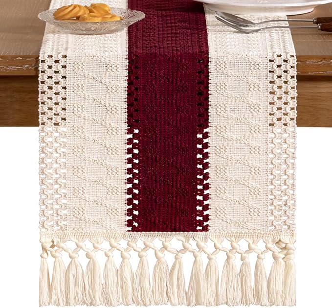 Socomi Boho Table Runner Macrame Valentine's Day Farmhouse Woven Cotton Linen Rustic Coffee Table Runner with Tassels for Dresser Scarf Home Decor Dining Room 12x90 in Burgundy Ivory