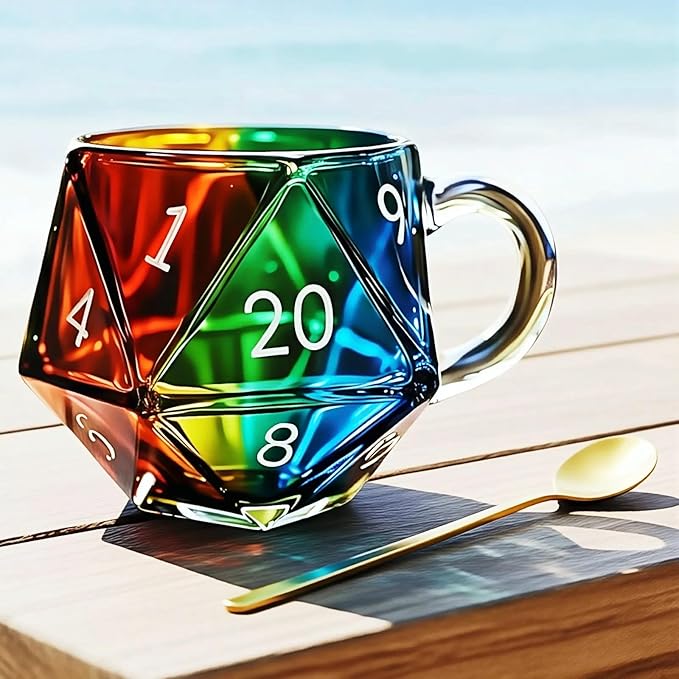 Dlin Rainbow D20 Dice Glass Coffee Mug - Heat-Resistant Transparent with Ergonomic Handle, Leak-Proof & Multi-Functional Gaming Mug for RPG/Board Game Lovers, Perfect Fantasy Themed Gift (Rainbow-1PC)