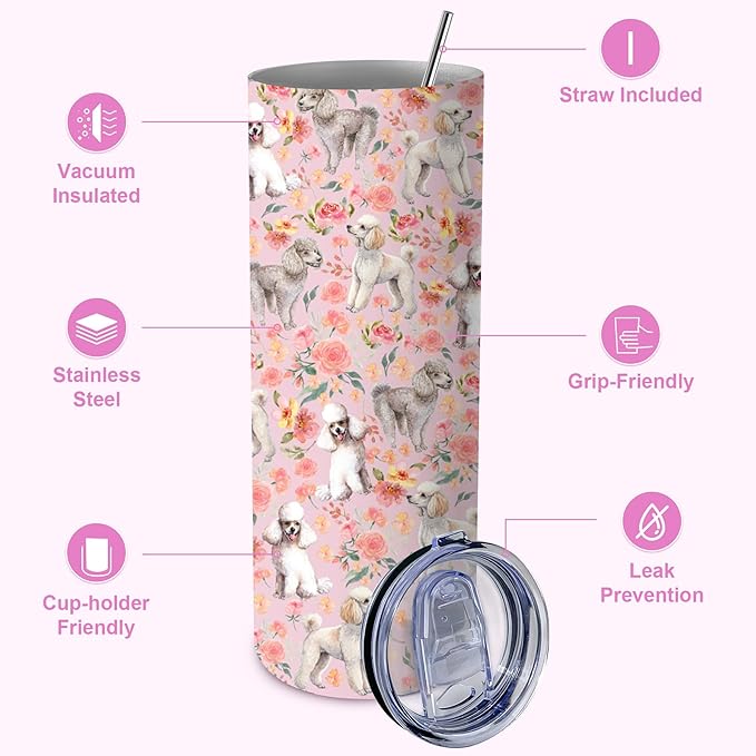 Yogusut Poodle Gifts for Women, 20oz Stainless Steel Insulated Tumbler Travel Mug Cup with Lid Straw Brush, Gifts for Dog Mom Dog Lover