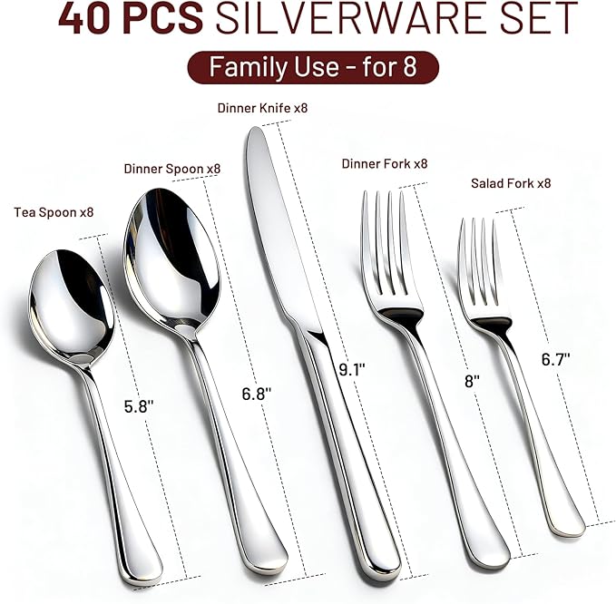 KIKCOIN 40 Pack Silverware Set for 8, Balanced Weight Stainless Steel Flatware Set, Mirror Polished Spoons And Forks Knife Set, Heavy Duty Cutlery Utensils Set for Home Kitchen Restaurant Wedding