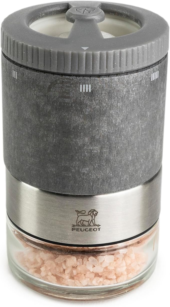 PEUGEOT?밠aestro Salt Bar ??10cm Salt Mill with U?셎elect Adjustment ??3 Premium Salts, 3 Empty Interchangeable Glass Jars, White Marker - Made in France ??PEFC-Certified Wood/Stainless-Lt. Graphite