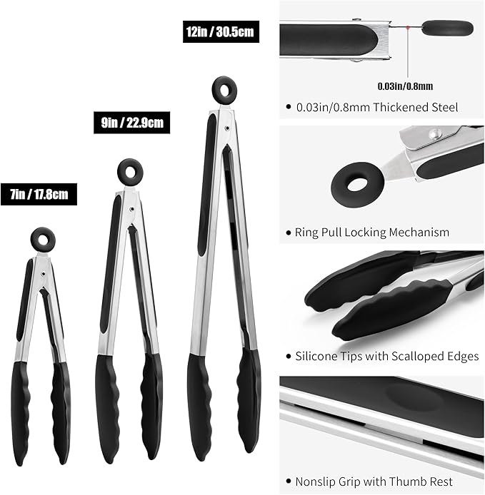 Doosu Kitchen Tongs for Cooking - 600째F Heat Resistant Food Tong Set with Non-Scratch Silicone Tips, Heavy Duty Stainless Steel Locking Tong for BBQ, Grilling Steak, Serving Salad (7+9+12in, Black)