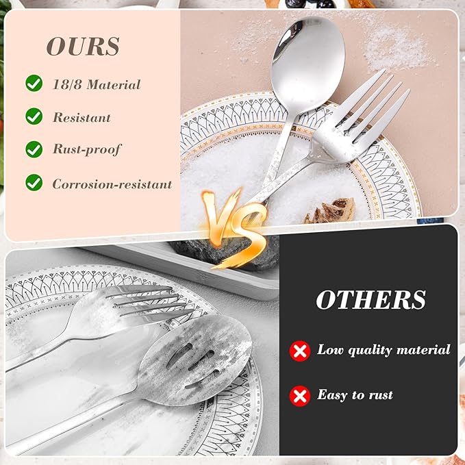 Dualshine 10PCS 18/8 Stainless Steel Serving Utensils Set for Parties, Kitchen Serving Tools-Include Serving Spoons, Slotted Spoons, Serving Forks Tongs Soup Ladle, Cake Pie Server for Buffet, Wedding
