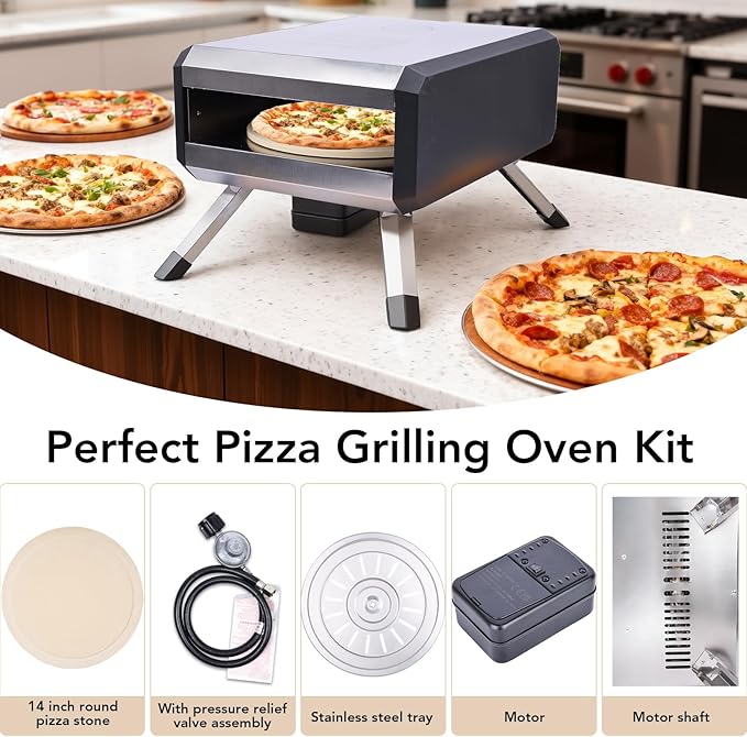 Pizza Oven, with 14" Pizza Stone and Legs,Automatic Rotation Function Outdoor Gas Pizza Ove, Carbon Steel Material,Maximum Temperature of 700째F, for Camping, Parties and Backyard Barbecues,Outdoor