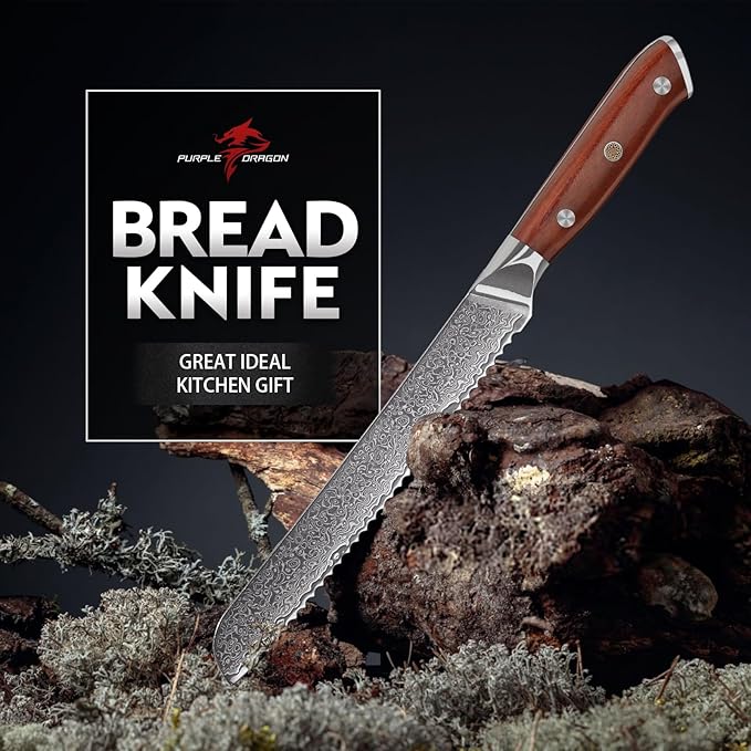 Purple Dragon Damascus Bread Knife 8 Inch, VG10 Steel Serrated Knife for Homemade Sourdough Bread, Cake and Fruit, Razor-Sharp Chef's Knives Christmas Gift for Men and Women