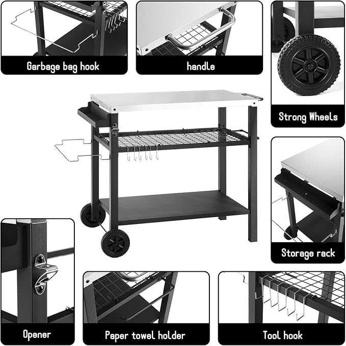 Kendane Grill Cart Table with Three Shelf, Movable Outdoor Dining Cart Pizza Oven Stand with Three Hooks, Kitchen Cart Island Multifunction Food Prep Table (Sliver)