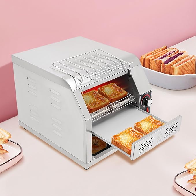 1900W Commercial Conveyor Toaster, 1-7 Gears Electric Stainless Steel Restaurant Toaster Oven with Grid & Crumb Tray Maximum Heating 300째C/572째F for Restaurants, Hotels (300 Slices/Hour)