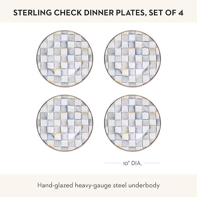 MACKENZIE-CHILDS Enamel Dinner Plate, Decorative Dinnerware Plate, 10 Inches, Set of 4, Gray-and-White Sterling Check
