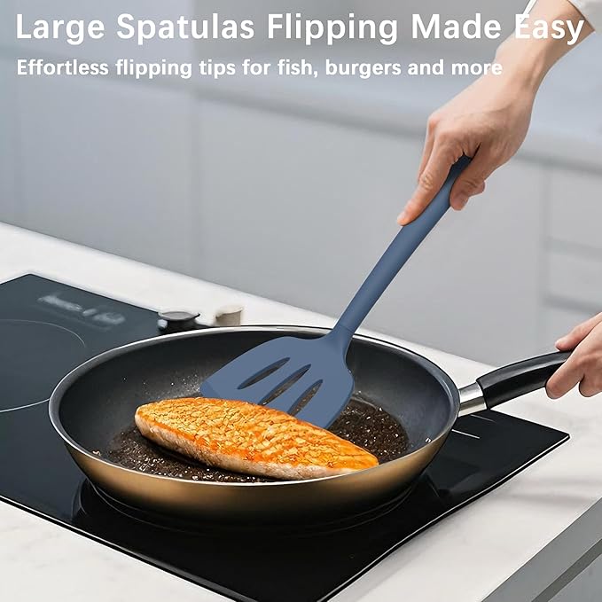 Coukre 3 Pack Silicone Spatula Set, High Heat Resistant, BPA-Free, Fish Spatula, Solid & Slotted Turner for Non-Stick Pans, Flipping Eggs, Pancakes, Fish, Burgers (3, PureNavy)
