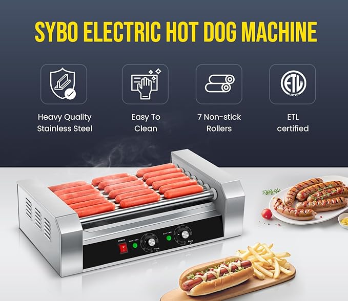 SYBO Hot Dog Roller, 18 Hot Dog 7 Roller Grill Cooker Machine with Removable Stainless Steel Drip Tray, 1000-Watts, Commercial Grade