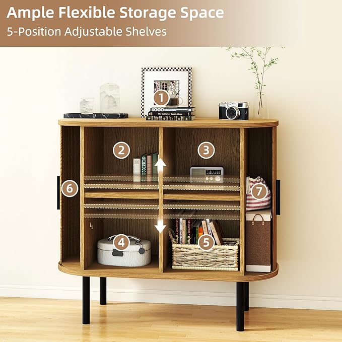EAG Buffet Cabinet with Storage, 35" Fluted Sideboard Cabinet with Sliding Doors/Adjustable Shelves/Curved Profile, Credenza Cabinets for Living Room, Kitchen, Entryway, Natural